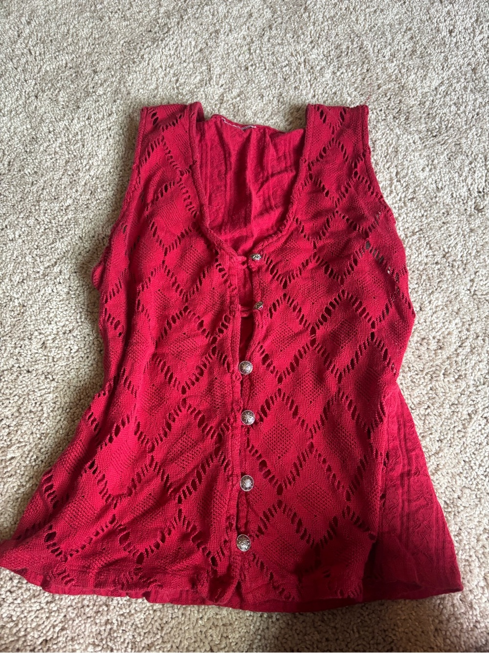 Vintage Red Pointelle Open Knit Waistcoat Vest Tie Back Whimsigoth